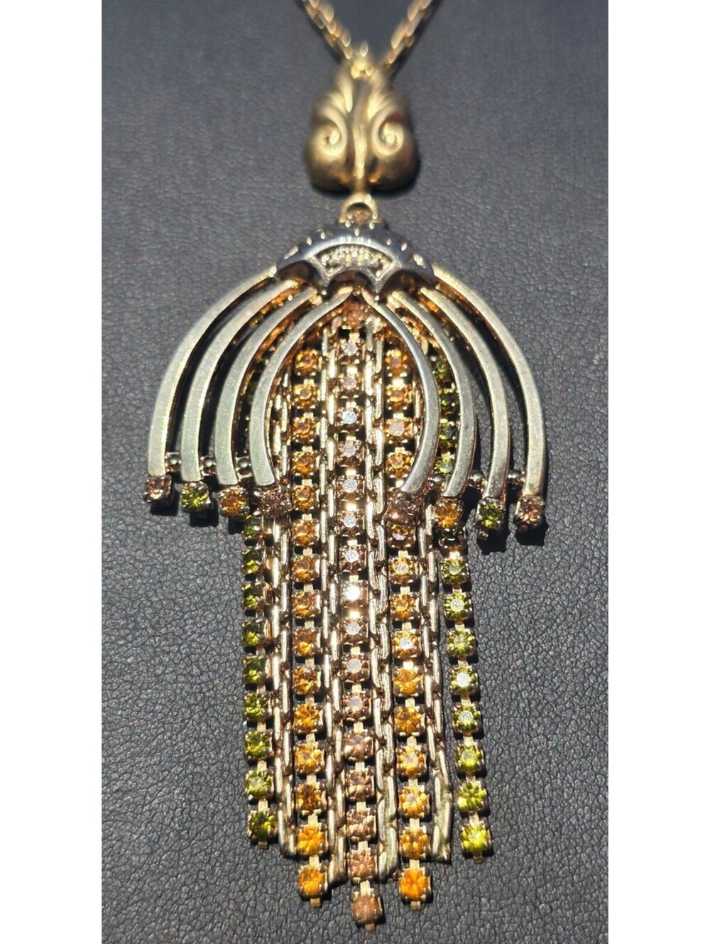 Vintage Art Deco Revival Waterfall Pendant Necklace Topaz Orange Olive Crystal
